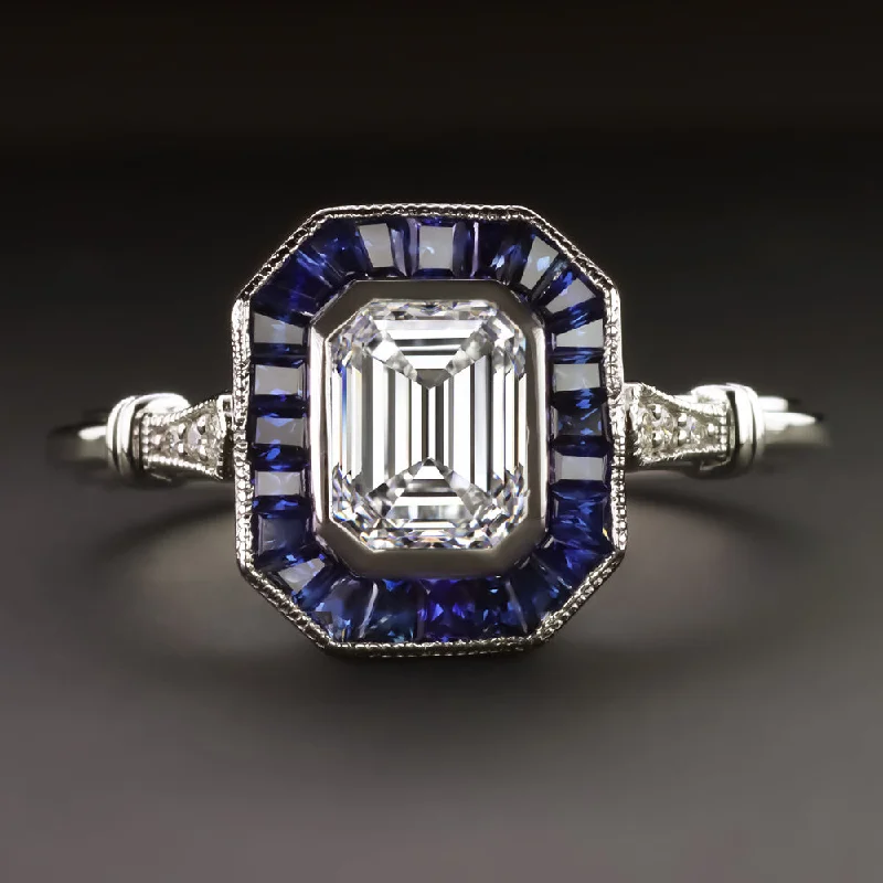 Ladies Engagement Rings with Rosasite-DIAMOND SAPPHIRE ENGAGEMENT RING VINTAGE STYLE GIA CERTIFIED H VS2 EMERALD CUT