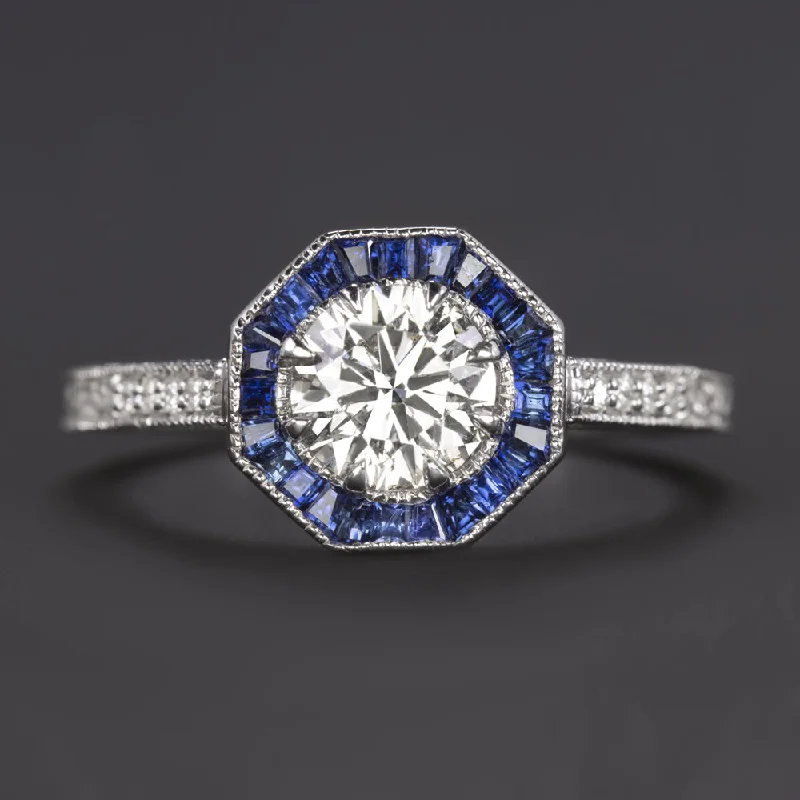 Ladies Engagement Rings Sun Shape-DIAMOND SAPPHIRE ENGAGEMENT RING VINTAGE STYLE ART DECO TARGET VERY GOOD ROUND