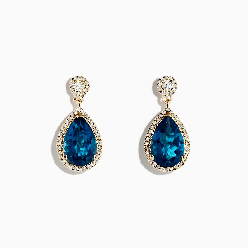 Ladies Earrings Shiny Finish-14K Yellow Gold London Blue Topaz and Diamond Earrings