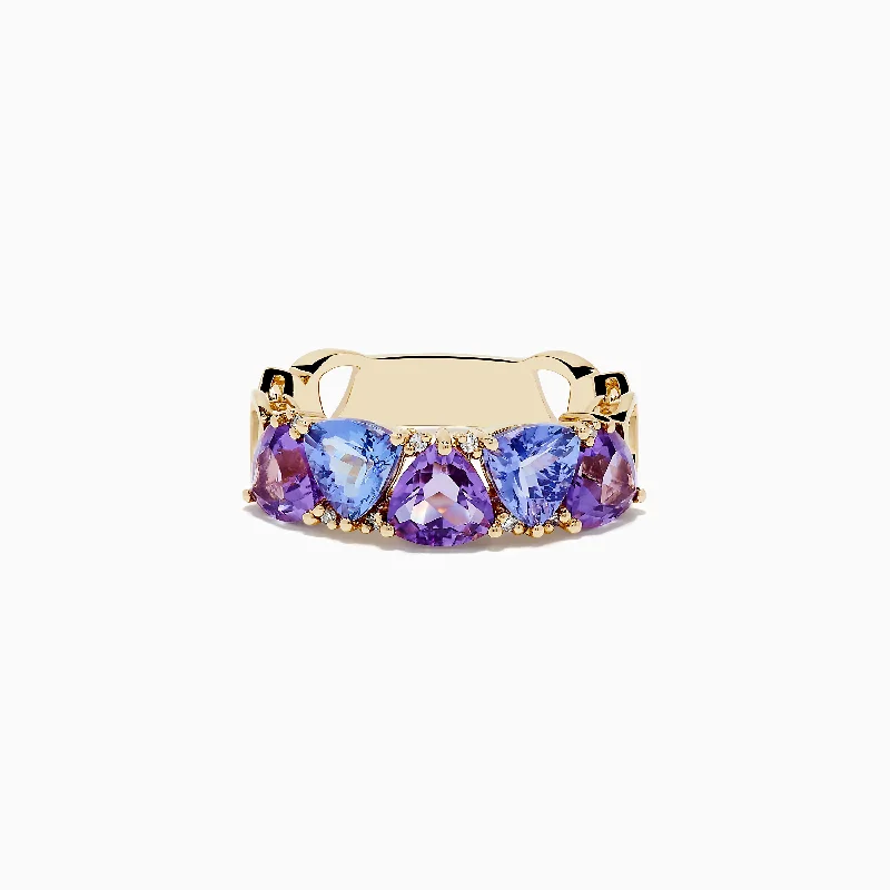 Ladies Rings for Casual Wear-14K Yellow Gold Amethyst, Tanzanite and Diamond Ring