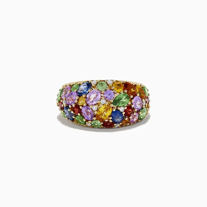 Ladies Rings Lotus Design-Watercolors 14K Yellow Gold Multi Sapphire and Diamond Ring