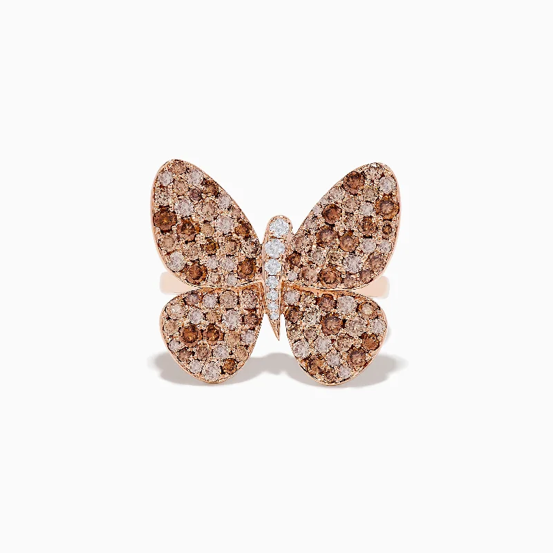 Ladies Rings Boho Look-Nature 14K Rose Gold Espresso and White Diamond Butterfly Ring