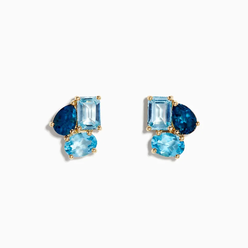 Ladies Earrings with Sapphire-Ocean Bleu 14K Yellow Gold Sky, London, and Blue Topaz Earrings