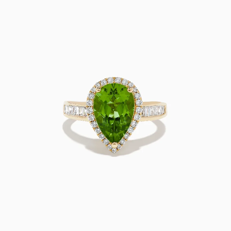 Ladies Rings with Fluorite-14K Yellow Gold Peridot and Diamond Teardrop Ring