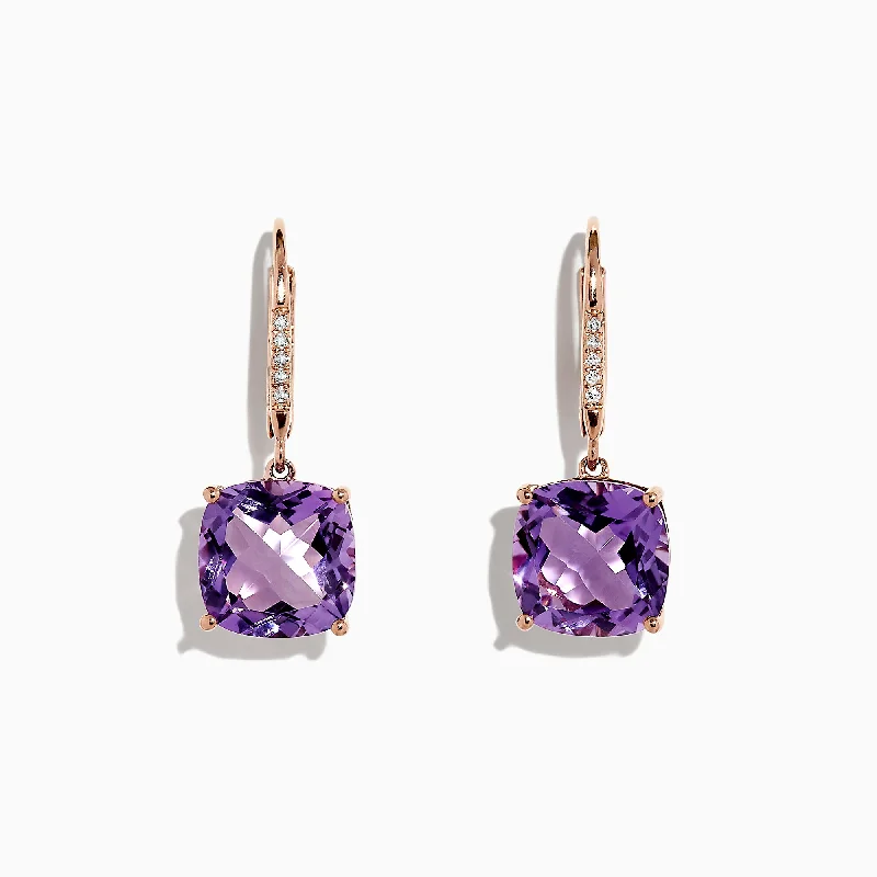 Ladies Earrings Long Dangle-14K Rose Gold Amethyst and Diamond Earrings, 8.12 TCW