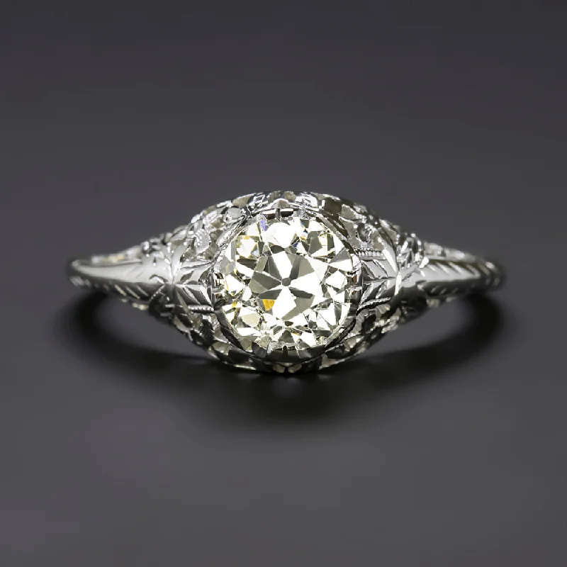 Ladies Engagement Rings Celestial Design-1ct ART DECO DIAMOND ENGAGEMENT RING OLD EUROPEAN CUT 18k WHITE GOLD VINTAGE