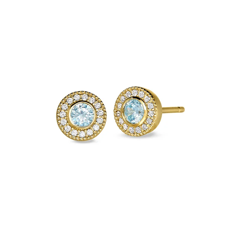 Ladies Earrings for Scientists-Gold Finish Sterling Silver Micropave Round Simulated Aquamarine Earrings with Simulated Diamonds