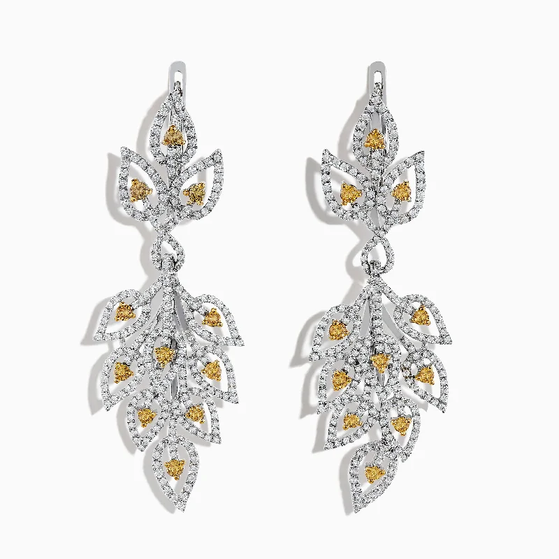 Ladies Earrings for Innovators-18K White Gold White and Fancy Yellow Diamond Leaf Drop Earrings, 2.75 TCW