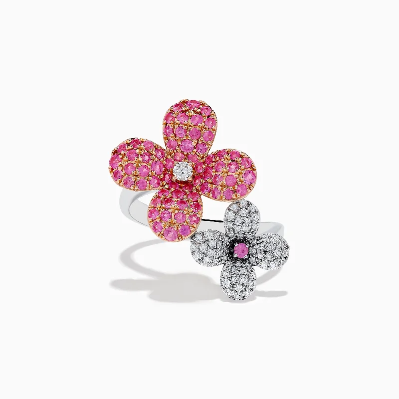 Ladies Rings for Best Friends-Nature 14k Two Tone Gold Pink Sapphire and Diamond Flower Ring