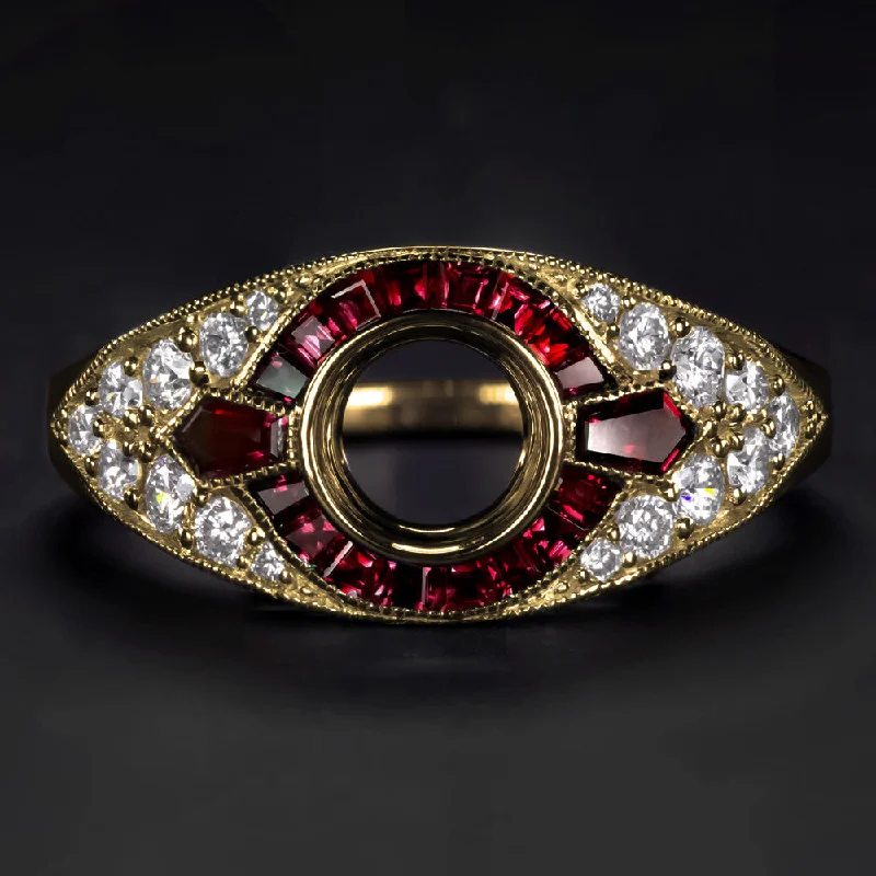 Ladies Engagement Rings with Obsidian-RUBY DIAMOND ENGAGEMENT RING SETTING GOLD ROUND VINTAGE STYLE ART DECO BEZEL