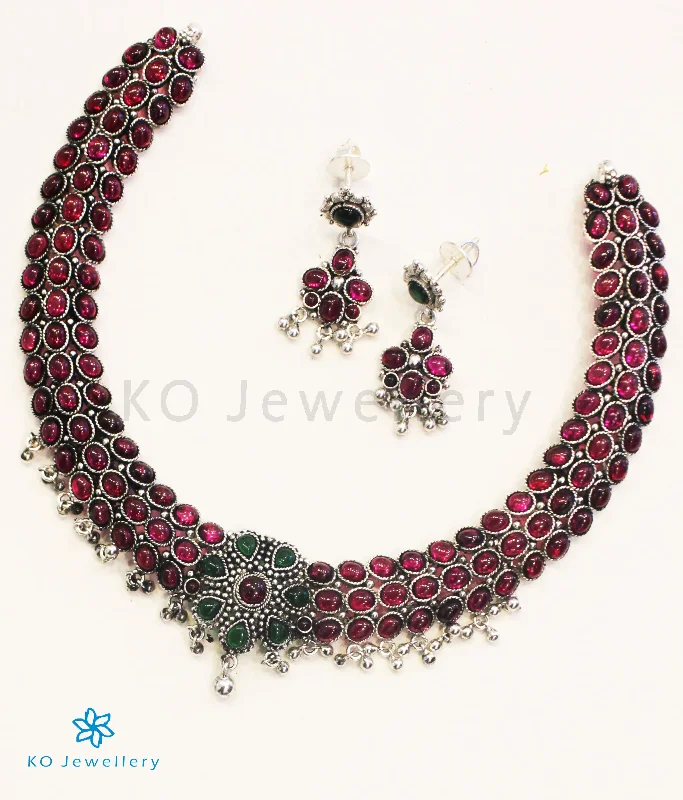 14K Gold Necklaces -The Ahana Silver Kempu Necklace (Red/Oxidised)