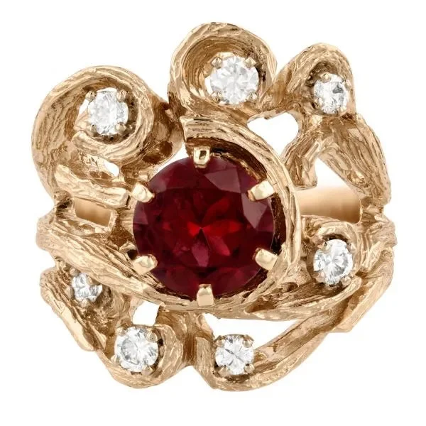 Ladies Rings Affordable Price-Twisted tree branch garnet and diamond ring