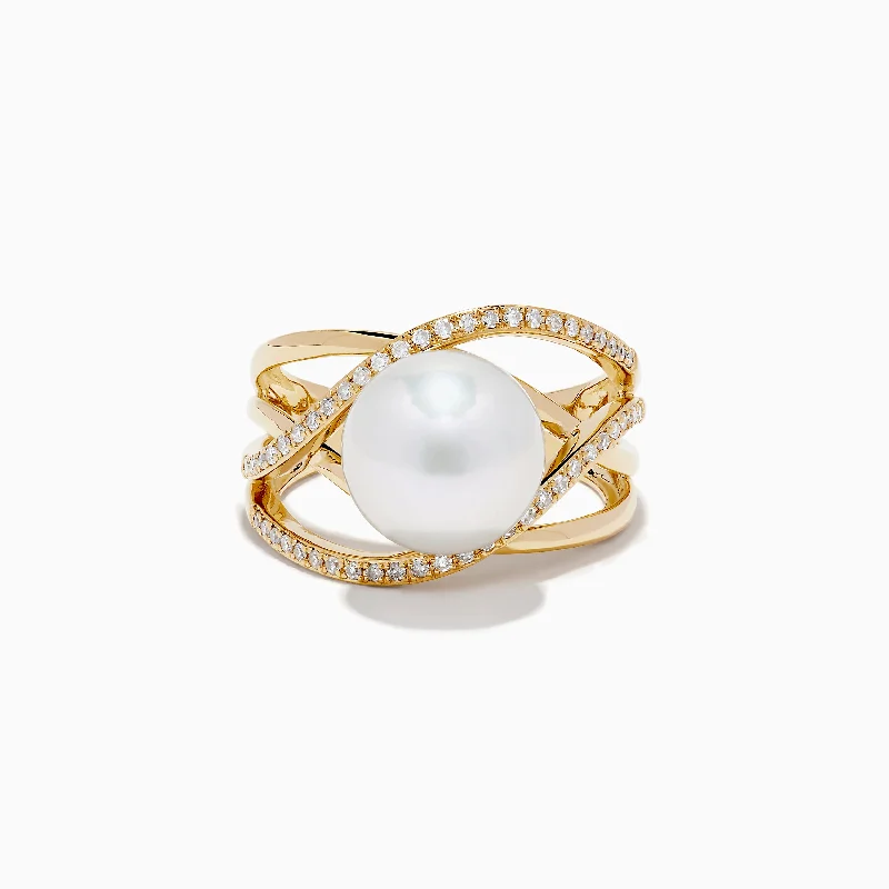 Ladies Rings with Zincite-14K Yellow Gold Cultured Fresh Water Pearl and Diamond Crossover Ring