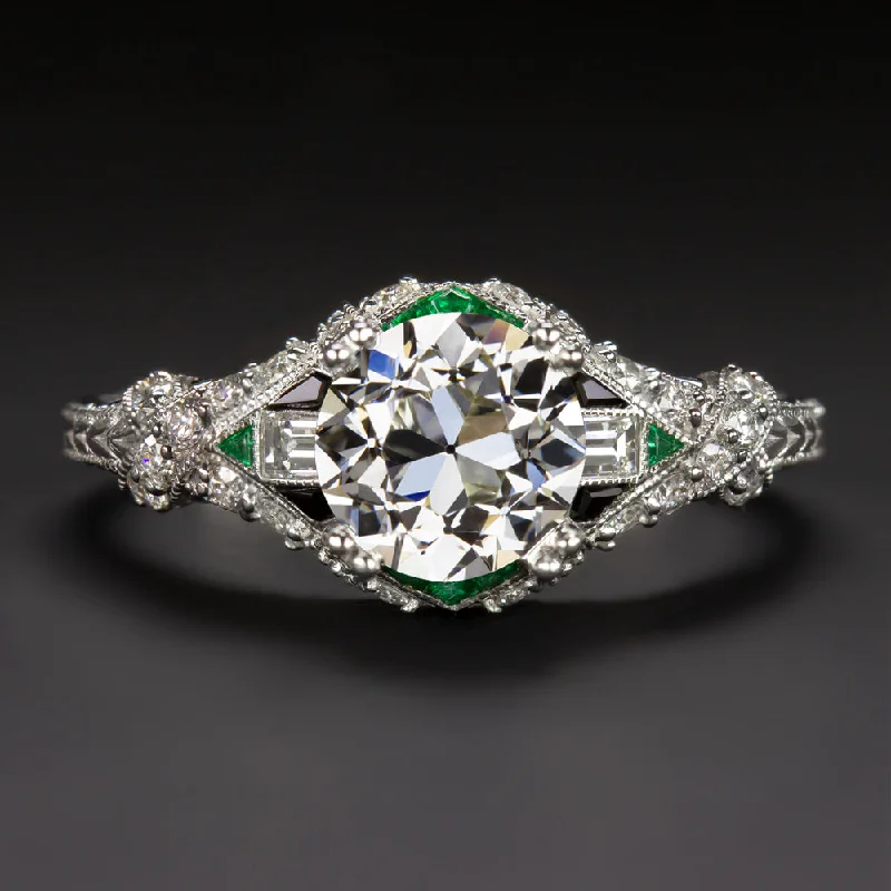 Ladies Engagement Rings Unique Cut-1.32ct GIA OLD EUROPEAN CUT DIAMOND ENGAGEMENT RING VINTAGE STYLE EMERALD ONYX