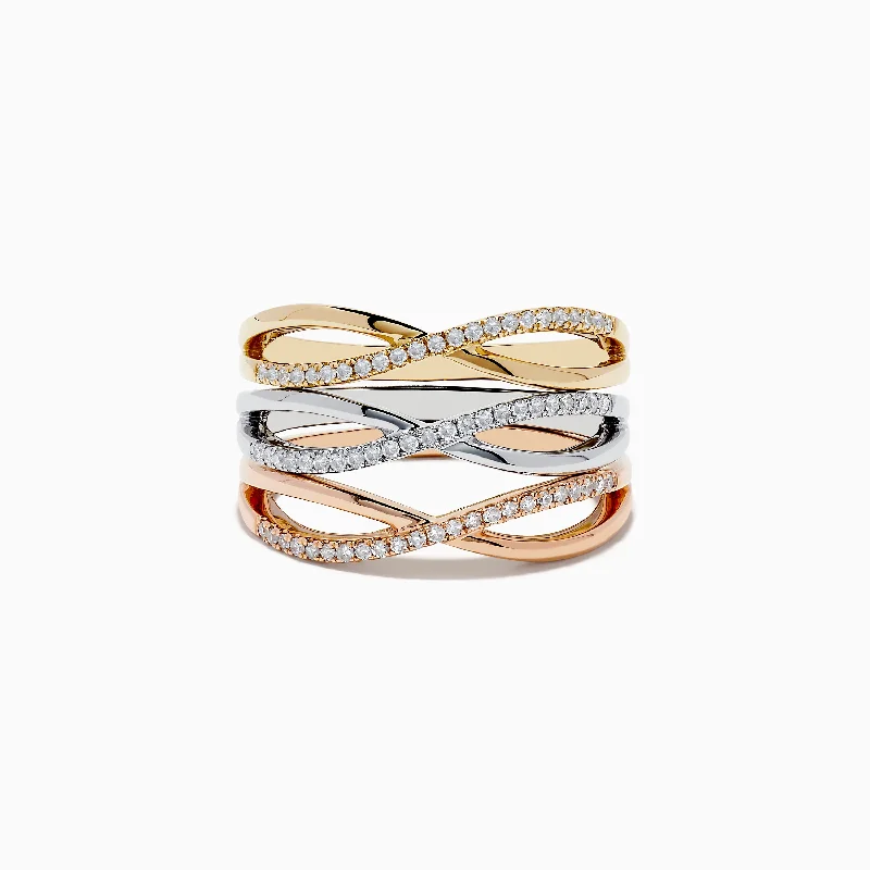 Ladies Rings with Okenite-Trio 14K 3-Tone Gold Diamond Stackable Crossover Rings Set of 3