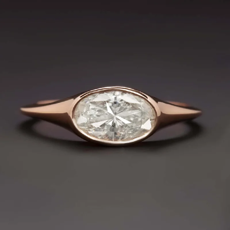 Ladies Engagement Rings with Thaumasite-1 CARAT NATURAL DIAMOND EAST WEST RING ROSE GOLD OVAL SHAPE ENGAGEMENT COCKTAIL