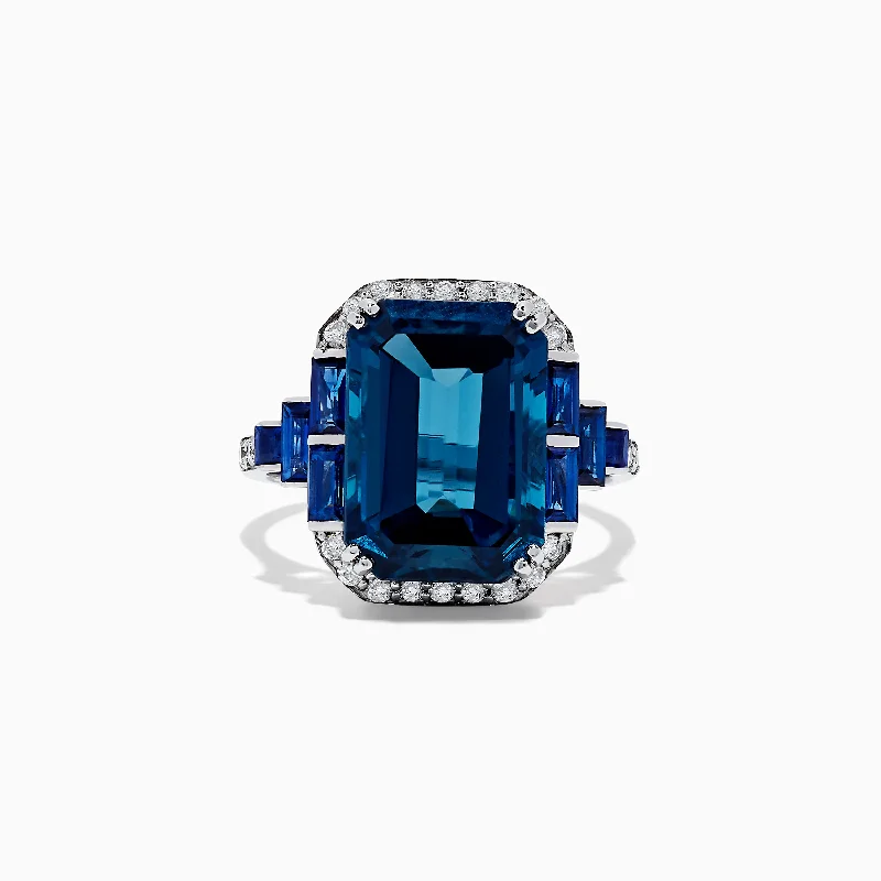 Ladies Rings with Garnet-14K White Gold London Blue Topaz and Diamond Ring, 9.47 TCW