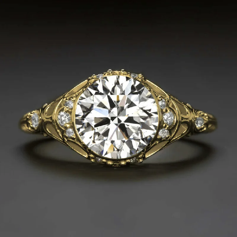 Ladies Engagement Rings White Gold-2ct CERTIFIED DIAMOND ENGAGEMENT RING VINTAGE STYLE YELLOW GOLD FILIGREE ROUND