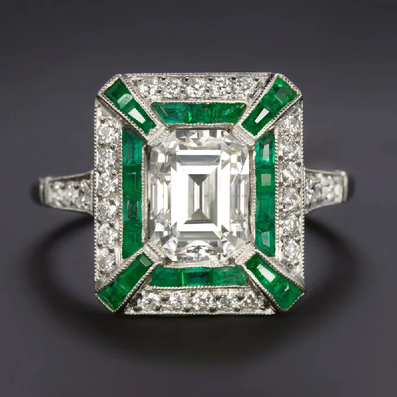 Ladies Engagement Rings Pave Setting-1.57ct DIAMOND EMERALD ENGAGEMENT RING VINTAGE STYLE PLATINUM ART DECO 1.5ct