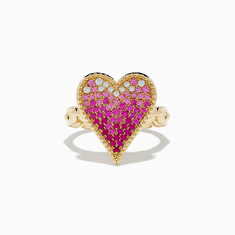 Ladies Rings with Kornerupine-Novelty 14K Yellow Gold Pink Sapphire and Diamond Heart Ring