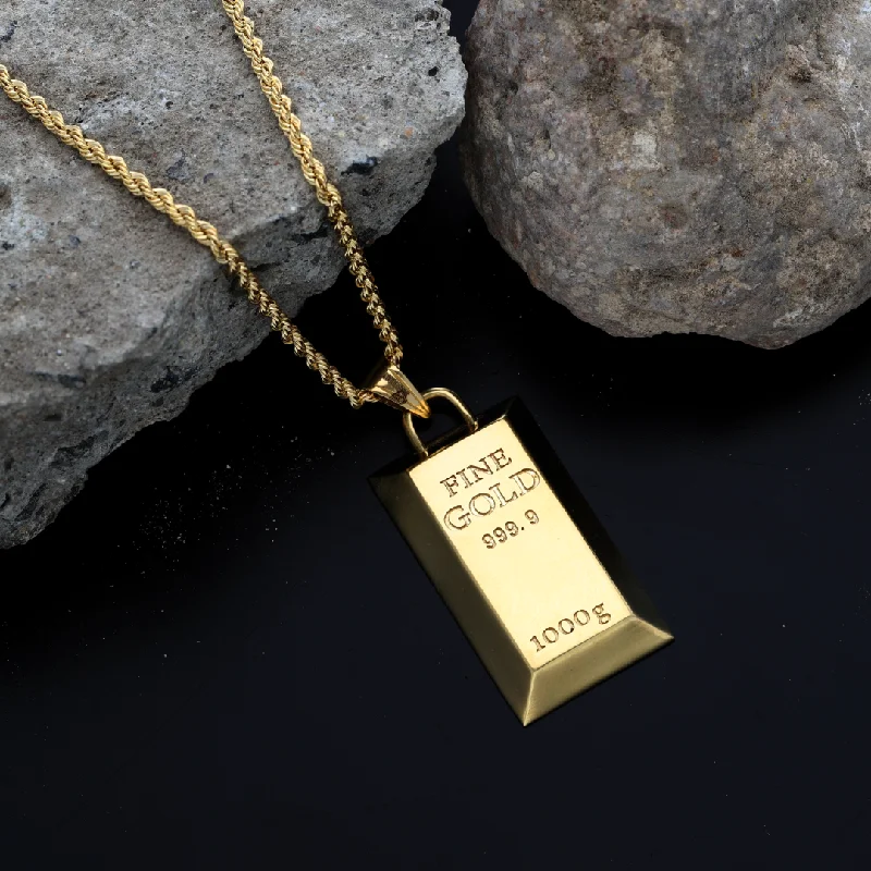 Art Deco Necklaces -Gold Necklace (Chain with Stud Gold Bar Shaped Pendant) 18KT - FKJNKL18K9198