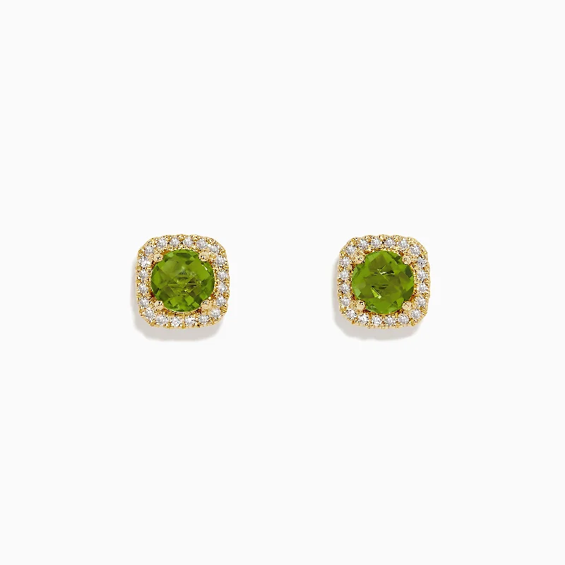 Ladies Earrings with Diopside-14K Yellow Gold Peridot and Diamond Stud Earrings, 1.99 TCW