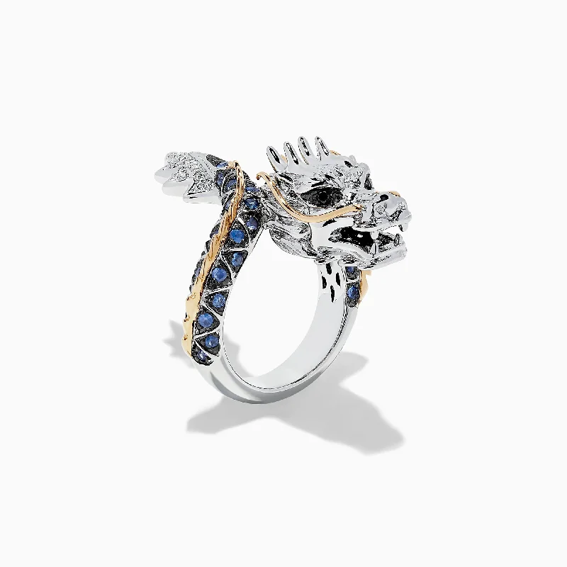 Ladies Rings Dainty Style-Safari Sterling Silver and 14K Gold Sapphire Dragon Ring, 0.79 TCW