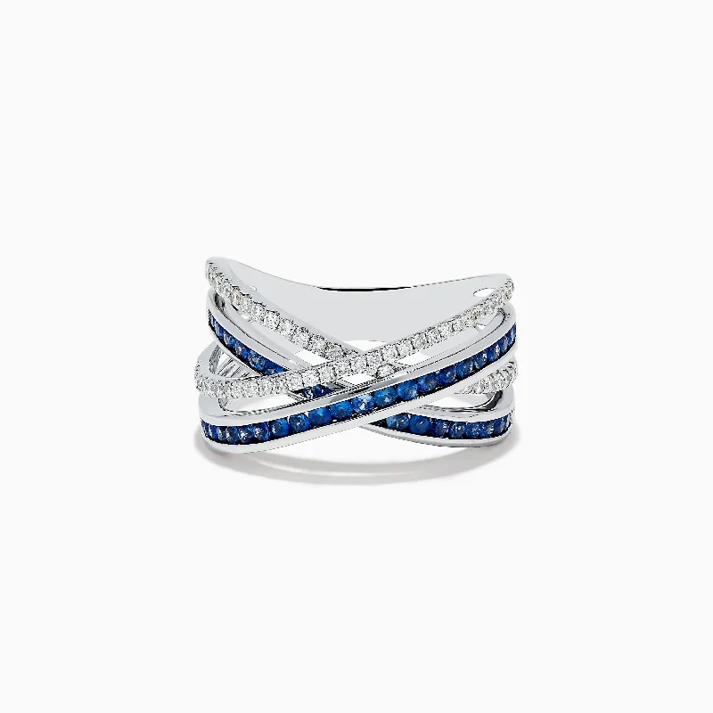 Ladies Rings with Howlite-14K White Gold Blue Sapphire and Diamond Crossover Ring