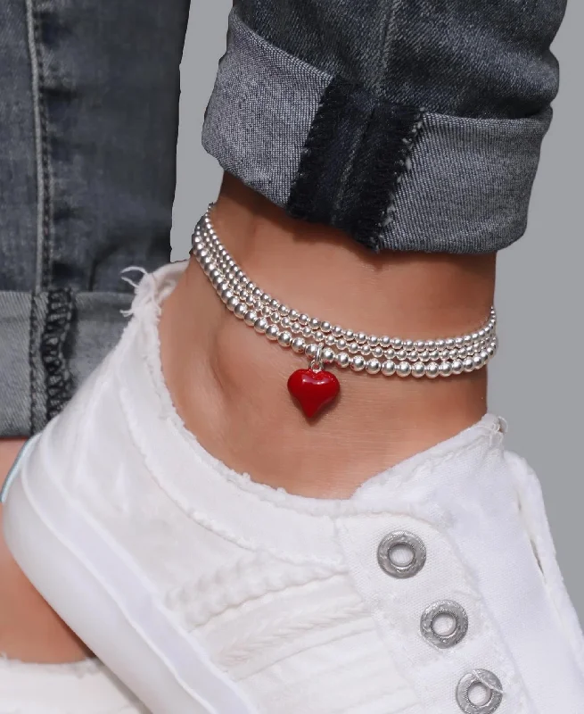 Serenity Bracelets -925 Sterling Silver Stretch Red Heart Anklet, Sterling Silver Anklet, Ankle Bracelet, Heart, Anklet