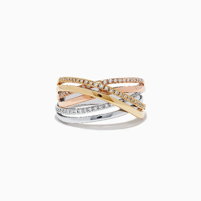 Ladies Rings Spiral Band-Trio 14K Three-Tone Gold Diamond Crossover Ring