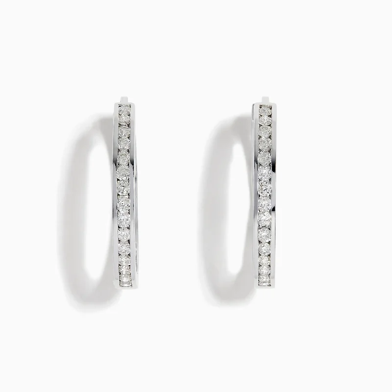 Ladies Earrings with Coral-Pave Classica 14K White Gold Diamond Hoop Earrings