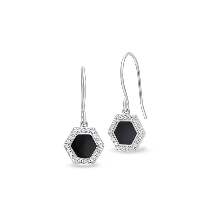 Ladies Earrings Hoop Style-Platinum Finish Sterling Silver Micropave Black Enamel Hexagon Earrings with Simulated Diamonds