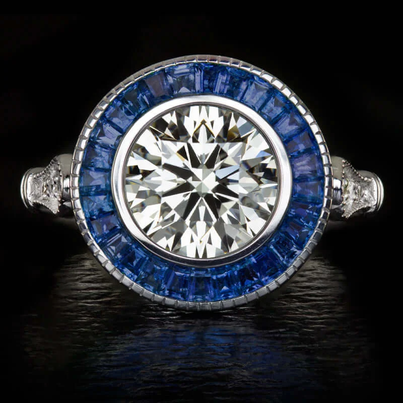 Ladies Engagement Rings with Vivianite-1.80ct GIA CERT EX CUT DIAMOND ENGAGEMENT RING SAPPHIRE VINTAGE STYLE ART DECO