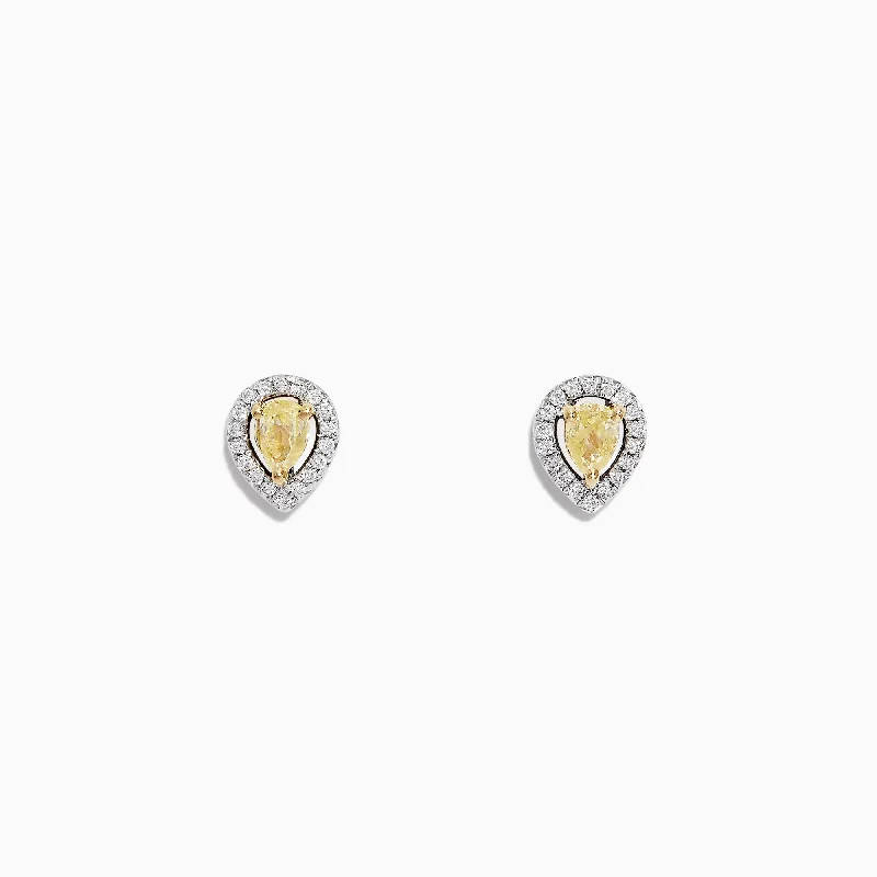 Ladies Earrings Diamond Stud-Canare 18K Two Tone Gold Pear Halo Yellow Diamond Stud Earrings, 0.36 TCW