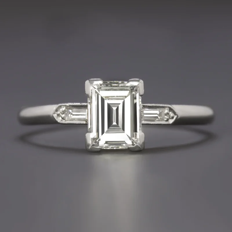 Ladies Engagement Rings with Beryl-1 CARAT VINTAGE EMERALD CUT DIAMOND ENGAGEMENT RING F-G VS PLATINUM 3 STONE 1ct