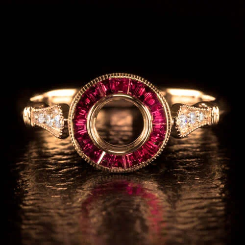 Ladies Engagement Rings with Pyroxmangite-ART DECO STYLE RUBY DIAMOND HALO ENGAGEMENT RING ROSE GOLD SETTING 5mm ROUND