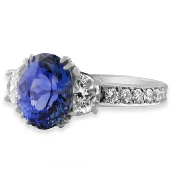 Ladies Rings Bright Colors-Oval Sapphire and Half Moon Diamond Ring