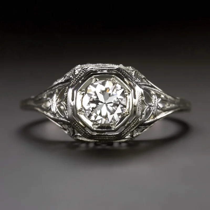 Ladies Engagement Rings Unique Design-ART DECO DIAMOND ENGAGEMENT RING 0.60ct OLD EUROPEAN CUT 18k WHITE GOLD VINTAGE