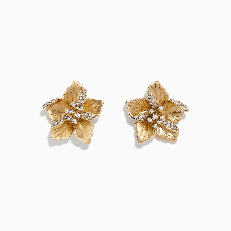 Ladies Earrings for Scientists-Nature 14K Yellow Gold Diamond Flower Earrings, 0.32 TCW