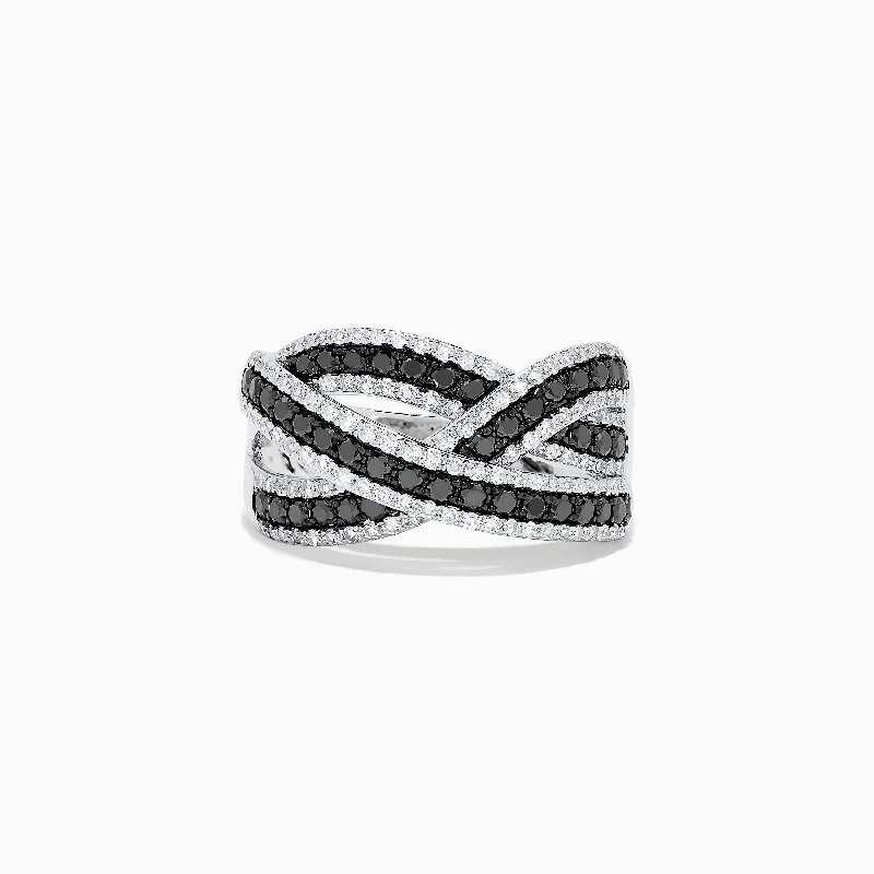 Ladies Rings with Tugtupite-14K White Gold Black and White Diamond Cross Over Ring