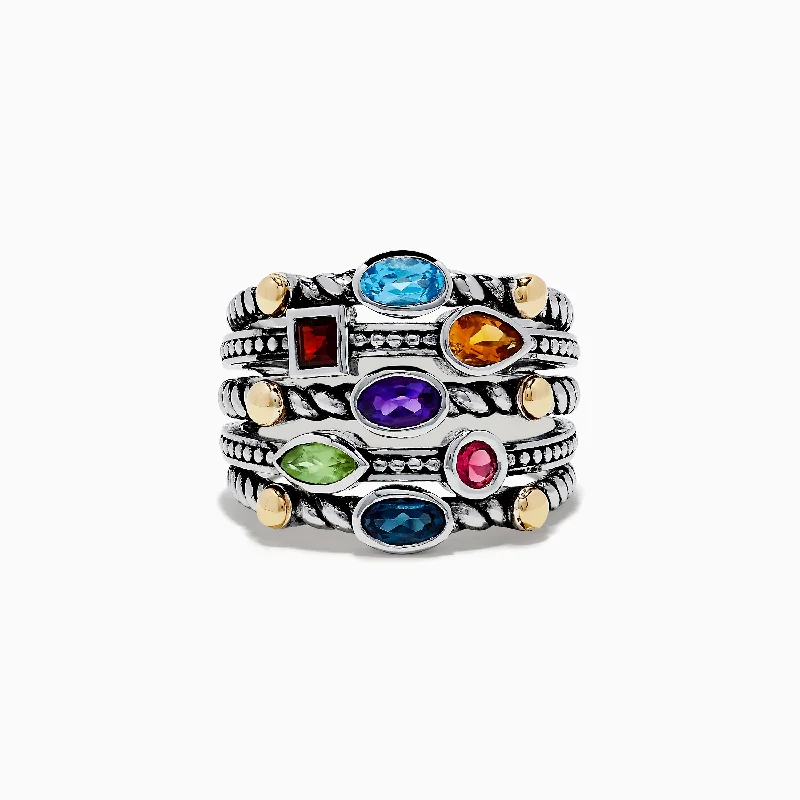 Ladies Rings Double Band-925 Sterling Silver & 18K Yellow Gold Multi Stone Ring