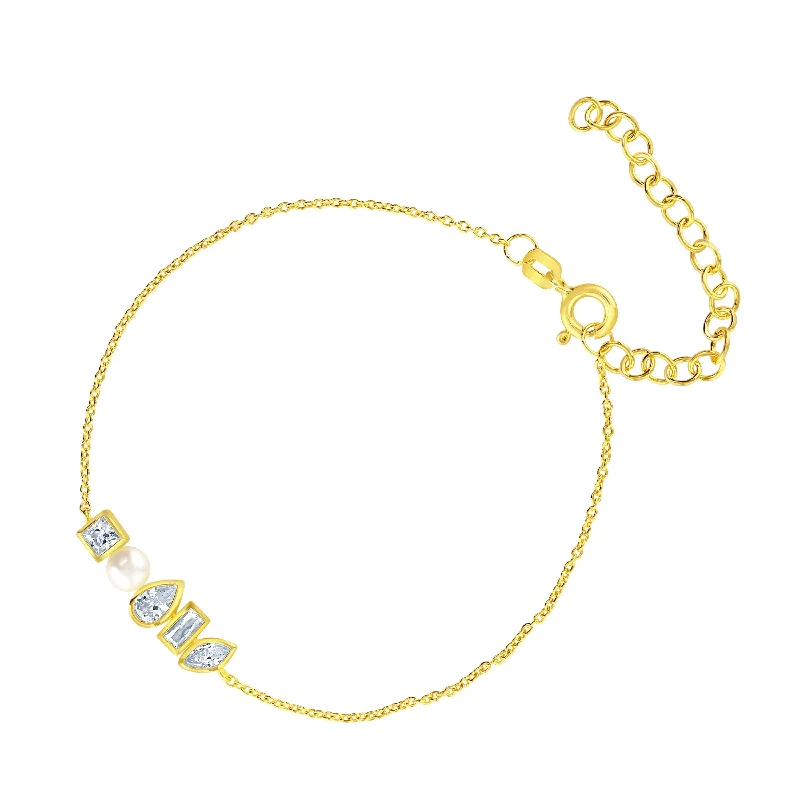 Fringe Bracelets -Gold Vermeil Pearl Cubic Zirconia Bezel Set Bracelet