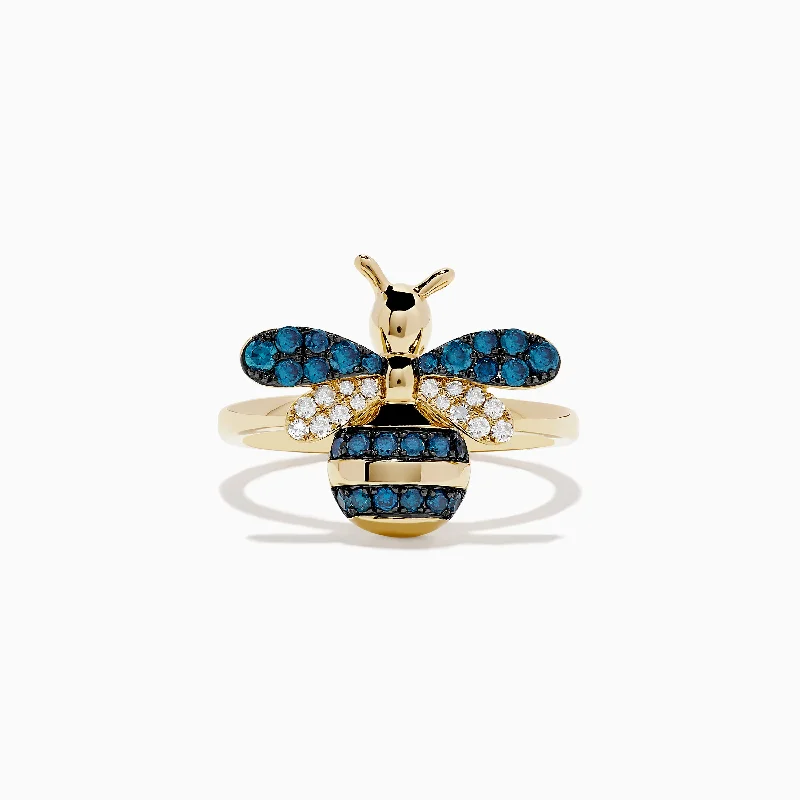 Ladies Rings with Enstatite-Safari 14K Yellow Gold Blue and White Diamond Bee Ring