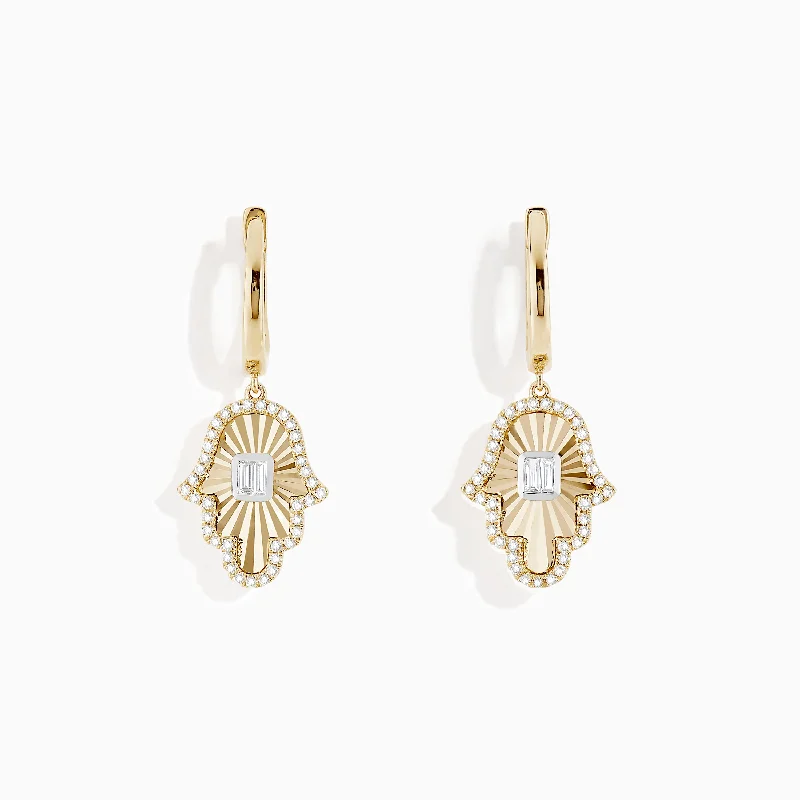 Ladies Earrings with Clinozoisite-Novelty 14K Two Tone Gold Diamond Hamsa Earrings