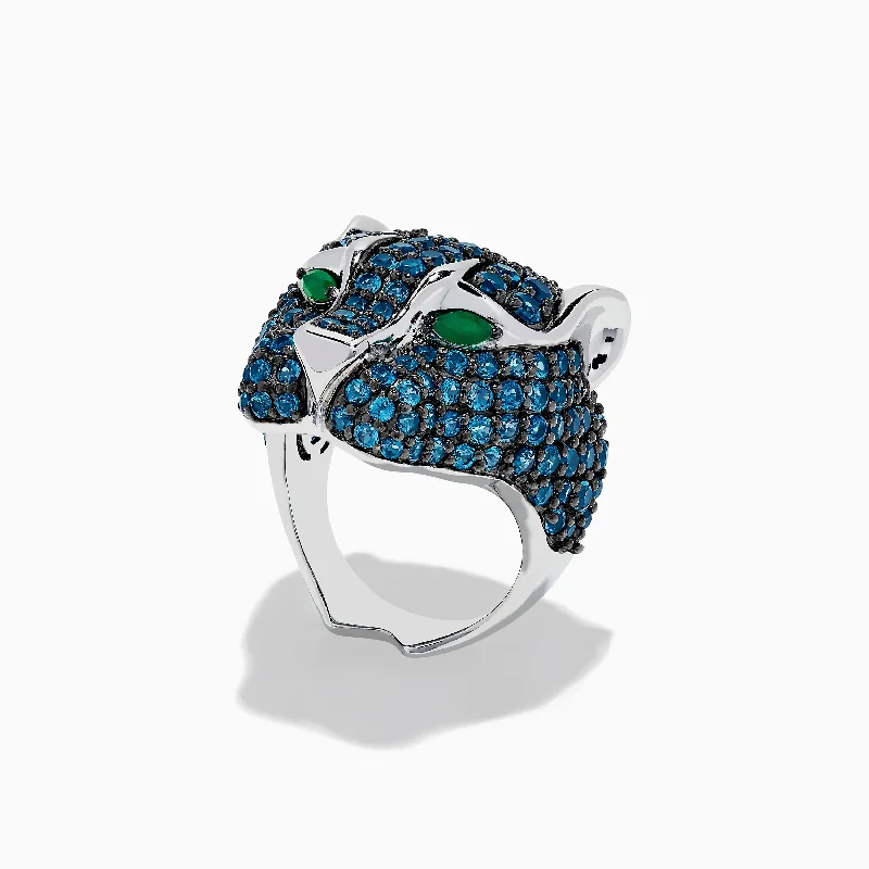 Ladies Rings with Petalite-925 Sterling Silver Blue Topaz and Green Onyx Panther Ring