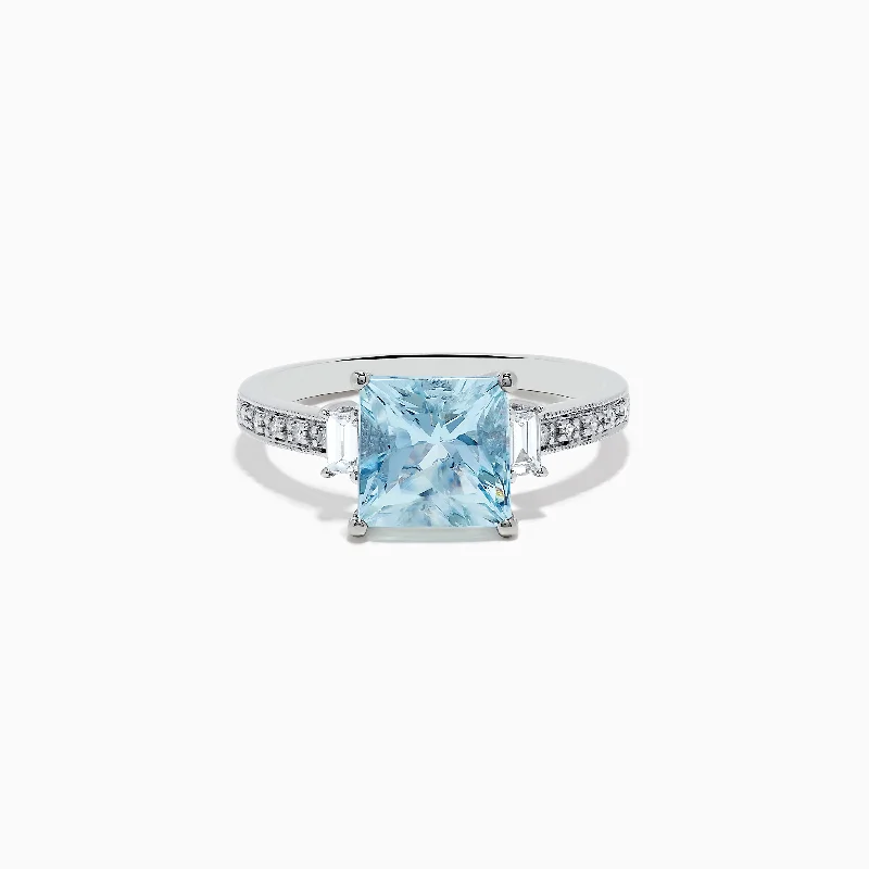 Ladies Rings with Obsidian-Aquarius 14K White Gold Diamond and Aquamarine Ring