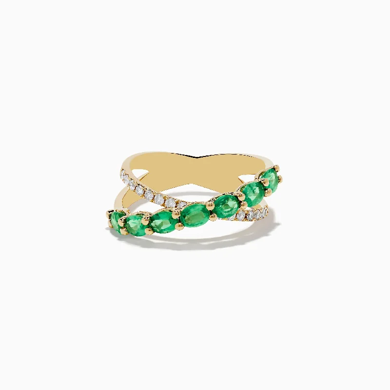 Ladies Rings Gothic Style-Braslica 14K Yellow Gold Emerald and Diamond Crossover Ring