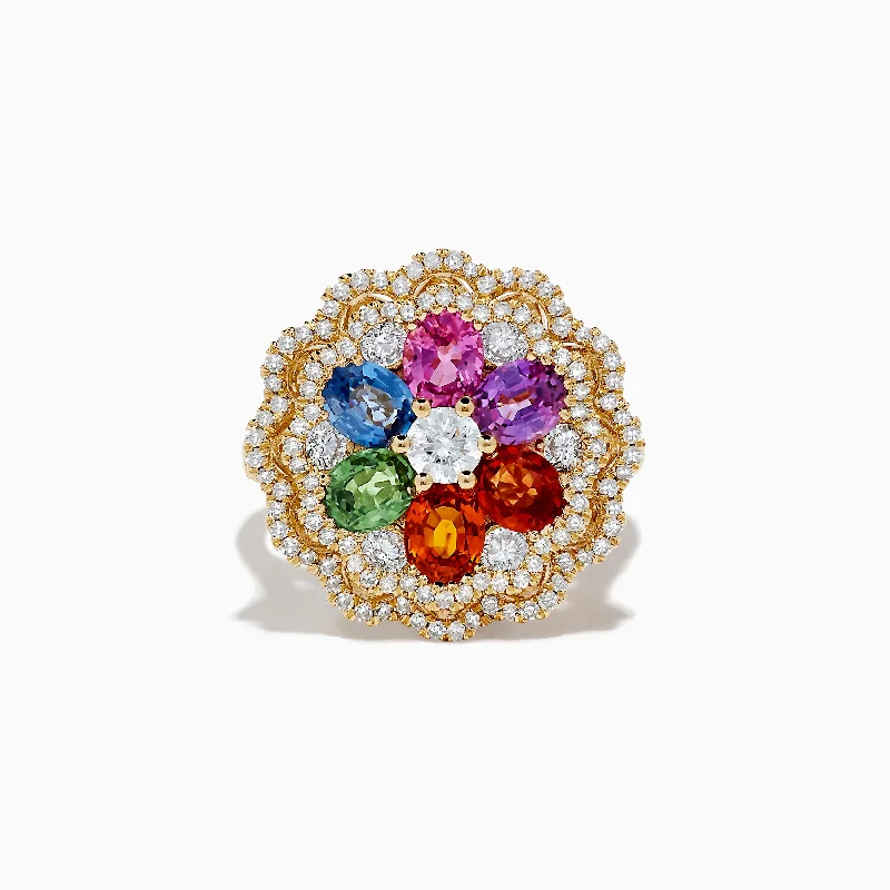 Ladies Rings Boho Look-Watercolors 14K Yellow Gold Multi Sapphire and Diamond Ring