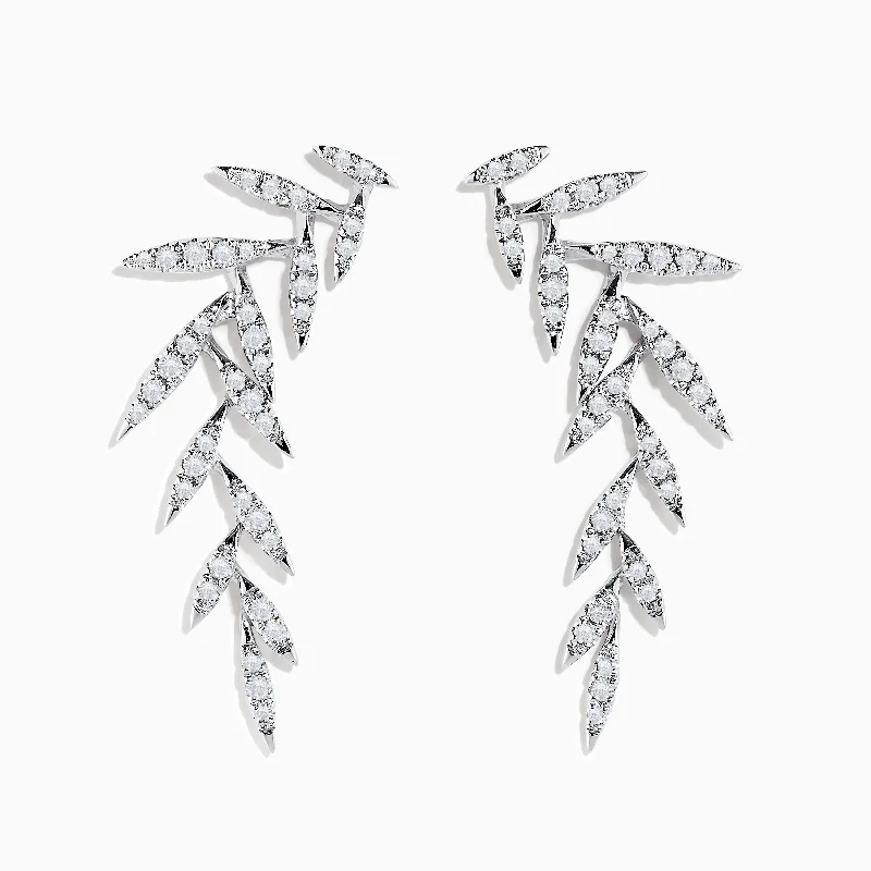 Ladies Earrings for Teachers-14K White Gold Diamond Leaf Earrings