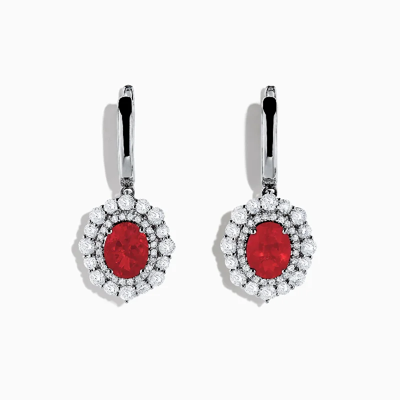 Ladies Earrings with Richterite-18K White Gold Fire Opal and Diamond Earrings, 4.46 TCW